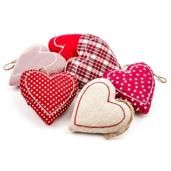 Srdce závěs textil 6ks 9cm červená